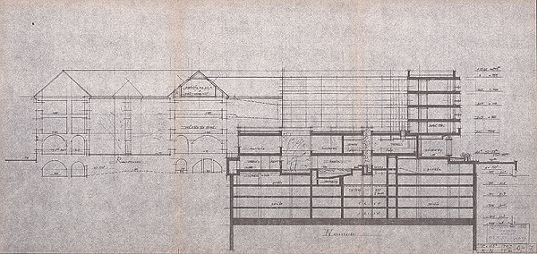 Vladimír Dedeček – Informačné centrum a hotel v Bratislave na Októbrovom námestí. Ponuková štúdia. Rez. M 1:200. 