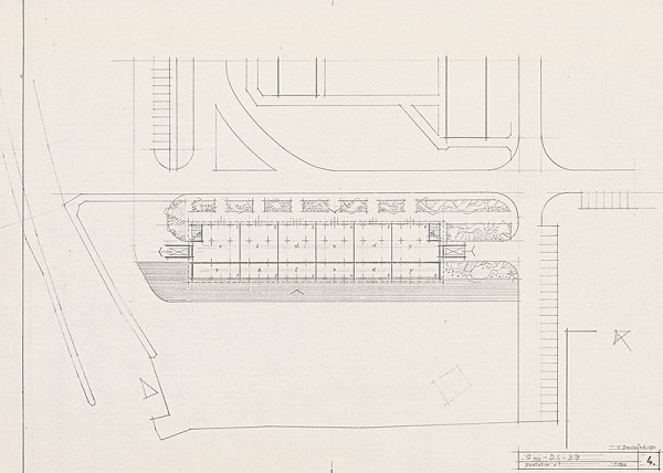 Vladimír Dedeček – Hromadné garáže v Bratislave – Petržalke – Dvory I. Štúdia. Pôdorys podlažia +1. M 1:500. 