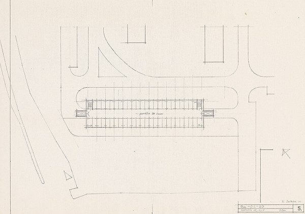 Vladimír Dedeček – Hromadné garáže v Bratislave – Petržalke – Dvory I. Štúdia. Pôdorys podlažia +2, +3, +4. M 1:500. 