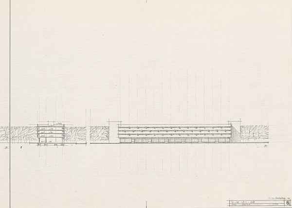Vladimír Dedeček – Hromadné garáže v Bratislave – Petržalke – Dvory I. Štúdia. Rez a pohľad. M 1:500. 