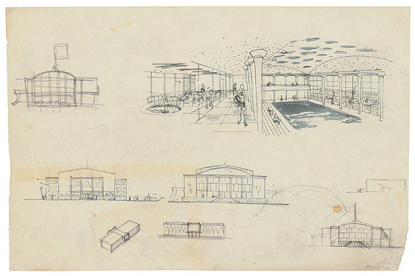 Ivan Matušík – Školské práce: návrh športovo -spoločenského centra. Perspektíva plavárne, predný a zadný pohľad, dodatočné  náčrty fasády a celkovej hmoty stavby  