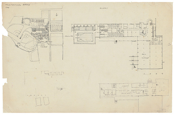 Ivan Matušík – Školské práce: návrh športovo-spoločenského centra. Situácia, pôdorys prízemia, dodatočné náčrty pôdorysu. 