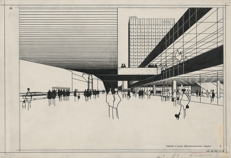 Ivan Matušík – Obchodný dom Prior a hotel Kyjev na Kamennom námestí v Bratislave. Perspektívny pohľad z Ulice československej armády. 60. roky, Slovenská národná galéria