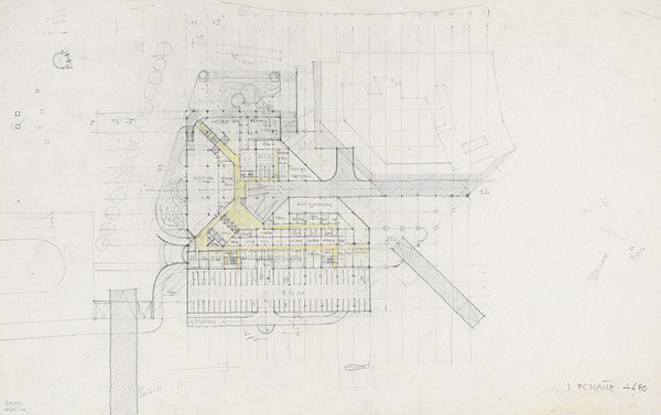 Ivan Matušík – Súťažný návrh hotela Fórum v Bratislave. Súbor skíc. Pôdorys 1. podlažia = -480. M nezn.