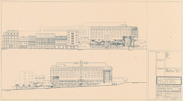 Ivan Matušík – Hotel na Mierovom námestí v Bratislave. Projektová úloha. Pohľad z Poštovej a Obchodnej ulice. M 1:200. 