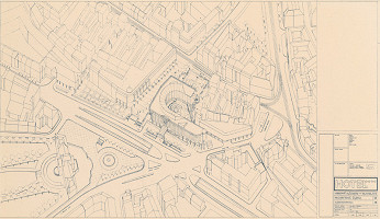 Ivan Matušík – Hotel na Mierovom námestí v Bratislave. Projektová úloha. Axonometria. M 1:500. 