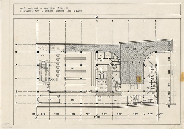 Ivan Matušík – Pasáž Laurinská v Bratislave. Projektová úloha. Časť C: stavebná časť. Pôdorys suterénu (-360). M 1:200. 