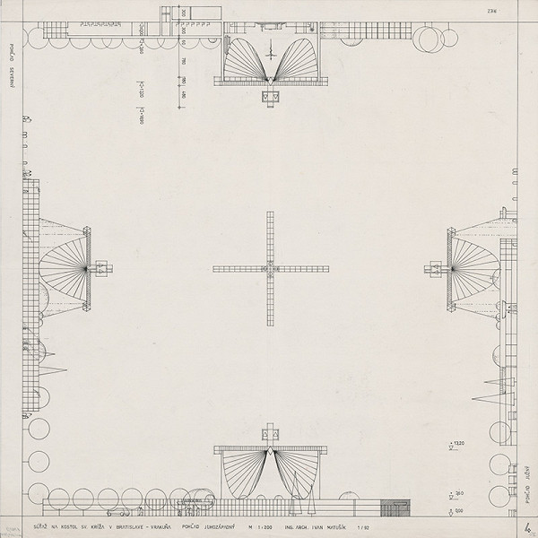 Ivan Matušík – Súťažný návrh na Kostol sv. kríža v Bratislave vo Vrakuni. Rez a pohľady severný, južný a juhozápadný. M 1:200.