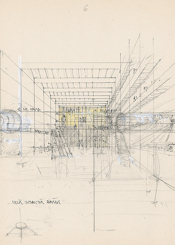 Ivan Matušík – Súťažný návrh na podhradie v Bratislave. Štúdia. Perspektíva interiéru. M nezn. 