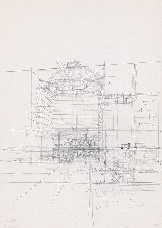 Ivan Matušík – Súťažný návrh na podhradie v Bratislave. Štúdia. Perspektíva interiéru hotela Átrium. M nezn. 