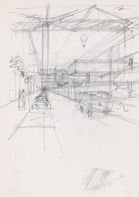 Ivan Matušík – Súťažný návrh na podhradie v Bratislave. Štúdia. Perspektíva interiéru. M nezn. 