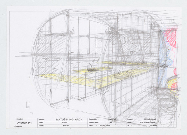 Ivan Matušík – Rodinný dom Xénie a Martina Lettrichovcov na Rybárskej ceste 23 v Senci. Štúdia. Perspektívny pohľad do interiéru kuchyne.