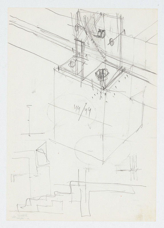 Ivan Matušík – Rodinný dom Xénie a Martina Lettrichovcov na Rybárskej ceste 23 v Senci. Štúdia. Perspektívny pohľad na kuchynské zariadenie so šporákom.   