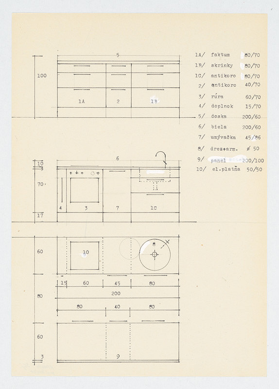 Ivan Matušík – Rodinný dom Xénie a Martina Lettrichovcov na Rybárskej ceste 23 v Senci. Štúdia. Kuchynská linka so sporákom (pohľad, rez, pôdorys). M nezn.   