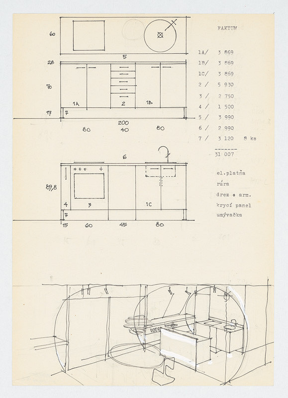 Ivan Matušík – Rodinný dom Xénie a Martina Lettrichovcov na Rybárskej ceste 23 v Senci. Štúdia. Kuchynská linka so sporákom (pohľady, perspektíva). M nezn.   