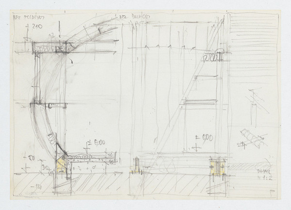 Ivan Matušík – Rodinný dom Xénie a Martina Lettrichovcov na Rybárskej ceste 23 v Senci. Štúdia. Pozdĺžny  a priečny rez - detail. M 1:2. 
