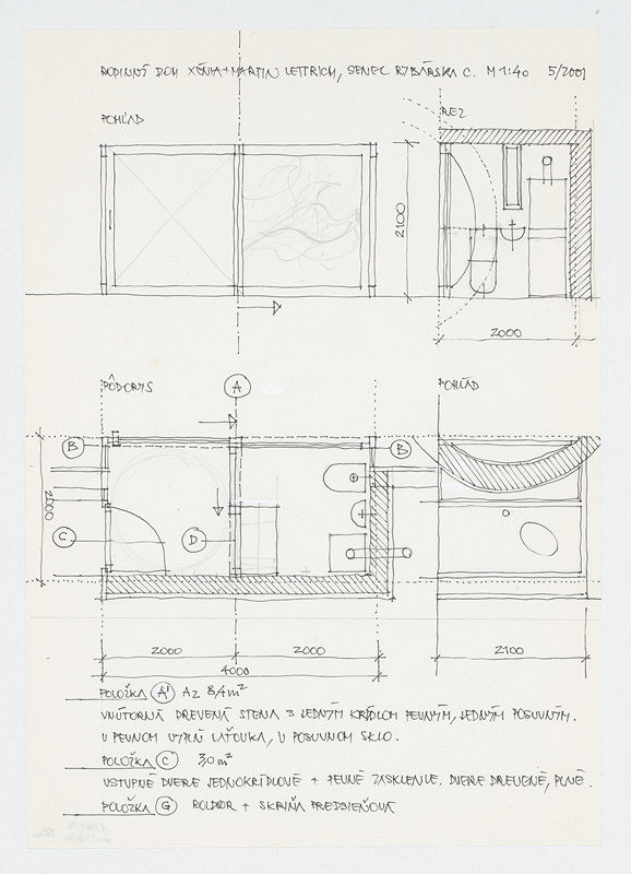 Ivan Matušík – Rodinný dom Xénie a Martina Lettrichovcov na Rybárskej ceste 23 v Senci. Štúdia. Vstupná časť s vnútornou drevenou stenou (pohľady, rez, pôdorys). M 1:40. 