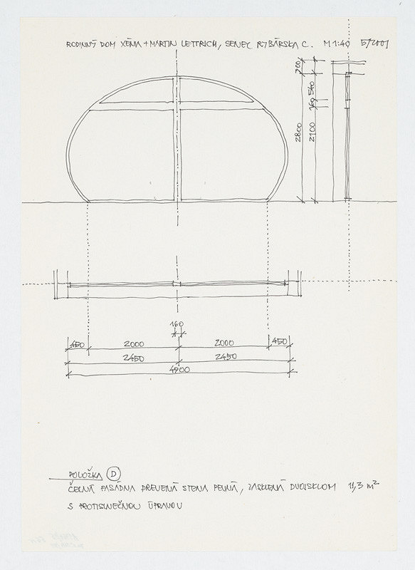 Ivan Matušík – Rodinný dom Xénie a Martina Lettrichovcov na Rybárskej ceste 23 v Senci. Štúdia. Čelná fasádna drevená stena pevná (pohľad, rez, pôdorys). M 1:40. 