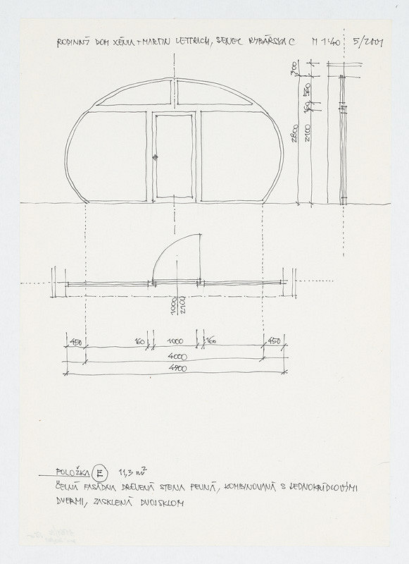 Ivan Matušík – Rodinný dom Xénie a Martina Lettrichovcov na Rybárskej ceste 23 v Senci. Štúdia. Čelná fasádna drevená stena pevná (pohľad, rez, pôdorys). M 1:40.