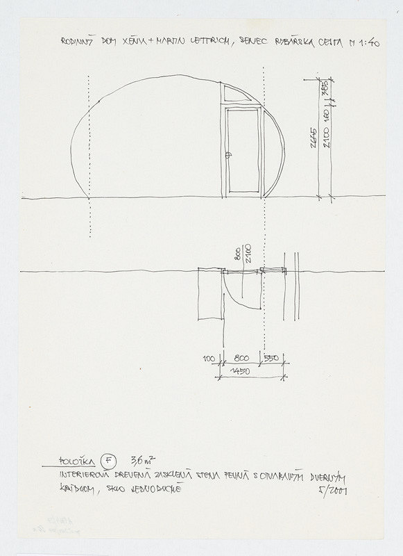 Ivan Matušík – Rodinný dom Xénie a Martina Lettrichovcov na Rybárskej ceste 23 v Senci. Štúdia. Interiérová drevená zasklená stena (pohľad, rez, pôdorys). M 1:40. 