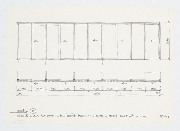 Ivan Matušík – Rodinný dom Xénie a Martina Lettrichovcov na Rybárskej ceste 23 v Senci. Štúdia. Súvislá stena Roldoor z hliníkových profilov (pohľad, pôdorys). M 1:40. 