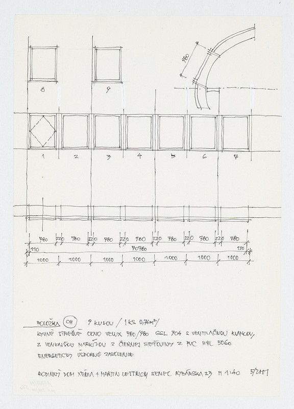 Ivan Matušík – Rodinný dom Xénie a Martina Lettrichovcov na Rybárskej ceste 23 v Senci. Štúdia. Kyvné strešné okno Velux (pohľad, rez, pôdorys). M 1:40. 