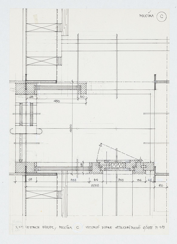 Ivan Matušík – Rodinný dom Xénie a Martina Lettrichovcov na Rybárskej ceste 23 v Senci. Štúdia. Vstupné dvere jednokrídlové – pol. C (pôdorys, detail). M 1:5. 