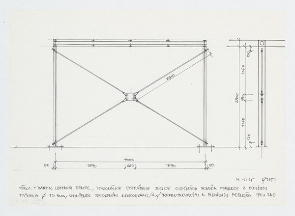 Ivan Matušík – Rodinný dom Xénie a Martina Lettrichovcov na Rybárskej ceste 23 v Senci. Štúdia. Diagonálne vystuženie dvojice oceľových podpôr pergoly  (pohľady). M 1:25.