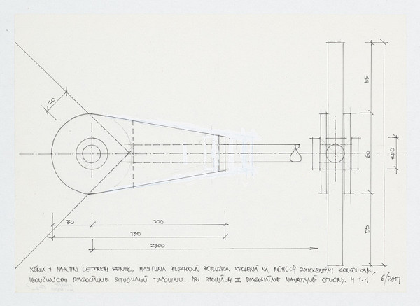 Ivan Matušík – Rodinný dom Xénie a Martina Lettrichovcov na Rybárskej ceste 23 v Senci. Štúdia. Masívna plechová podložka spojená na rohoch zdvojenými koncovkami  (pohľad, rez). M 1:1.