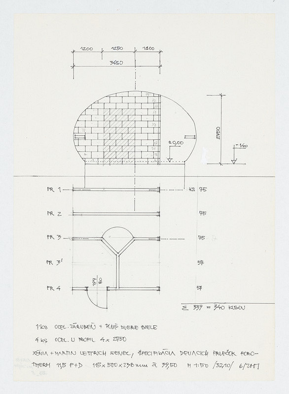 Ivan Matušík – Rodinný dom Xénie a Martina Lettrichovcov na Rybárskej ceste 23 v Senci. Štúdia. Špecifikácia deliacich priečok Porotherm (pohľad, pôdorys). M 1:50. 