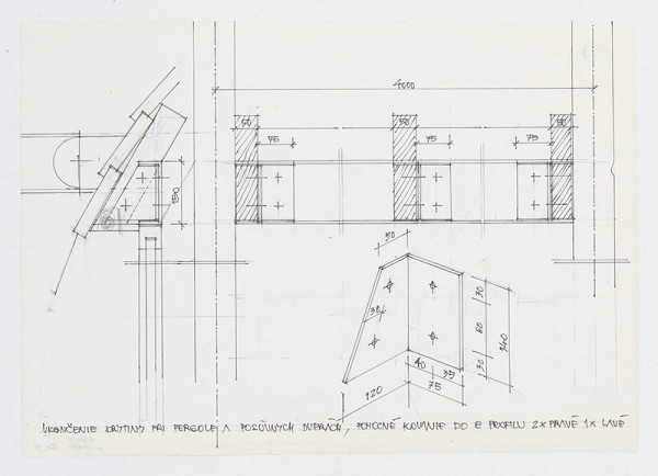 Ivan Matušík – Rodinný dom Xénie a Martina Lettrichovcov na Rybárskej ceste 23 v Senci. Štúdia. Krytina z pozinkovaného plechu na streche vstupného zádveria (pohľad, pôdorys, rez). M 1:50. 