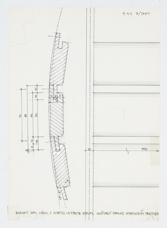 Ivan Matušík – Rodinný dom Xénie a Martina Lettrichovcov na Rybárskej ceste 23 v Senci. Štúdia. Vonkajšie železobetonové schody s pohľadového betónu (pohľad, rez). M 1:25. 