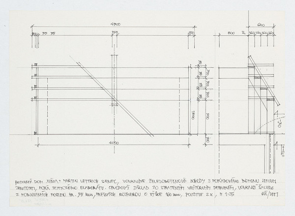 Ivan Matušík – Rodinný dom Xénie a Martina Lettrichovcov na Rybárskej ceste 23 v Senci. Štúdia. Vonkajšie železobetonové schody s pohľadového betónu (pohľad, rez). M 1:25. 