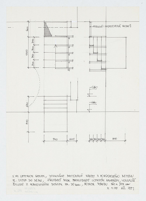 Ivan Matušík – Rodinný dom Xénie a Martina Lettrichovcov na Rybárskej ceste 23 v Senci. Štúdia. Vonkajšie betónové  schody s pohľadového betónu (pohľad, rez, pôdorys). M 1:25. 