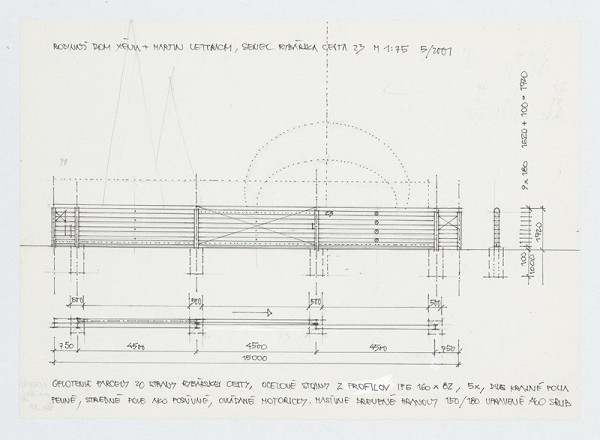 Ivan Matušík – Rodinný dom Xénie a Martina Lettrichovcov na Rybárskej ceste 23 v Senci. Štúdia. Oplotenie parcely zo strany Rybárskej cesty (pohľad, rez, pôdorys). M 1:75. 