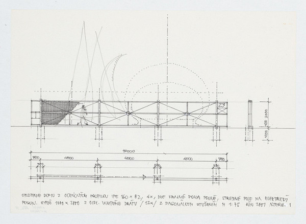 Ivan Matušík – Rodinný dom Xénie a Martina Lettrichovcov na Rybárskej ceste 23 v Senci. Štúdia. Oplotenie domu z oceľových profilov (pohľad, rez, pôdorys). M 1:75. 