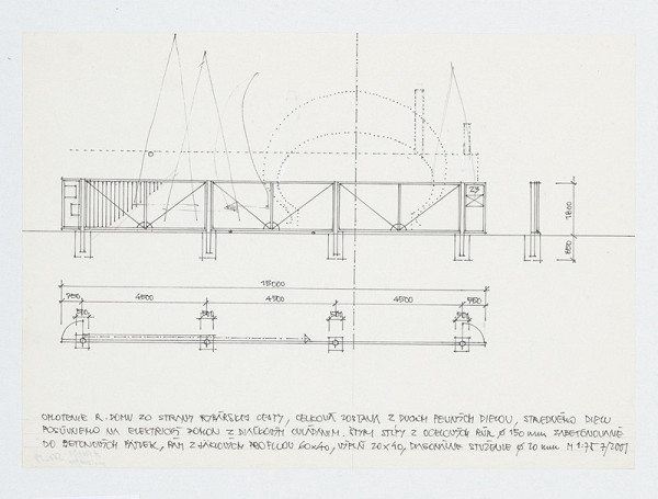 Ivan Matušík – Rodinný dom Xénie a Martina Lettrichovcov na Rybárskej ceste 23 v Senci. Štúdia. Oplotenie parcely zo strany Rybárskej cesty (pohľad, rez, pôdorys). M 1:75. 
