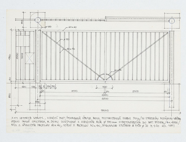 Ivan Matušík – Rodinný dom Xénie a Martina Lettrichovcov na Rybárskej ceste 23 v Senci. Štúdia. Oceľový plot (pohľad, rez, pôdorys). M 1:20. 