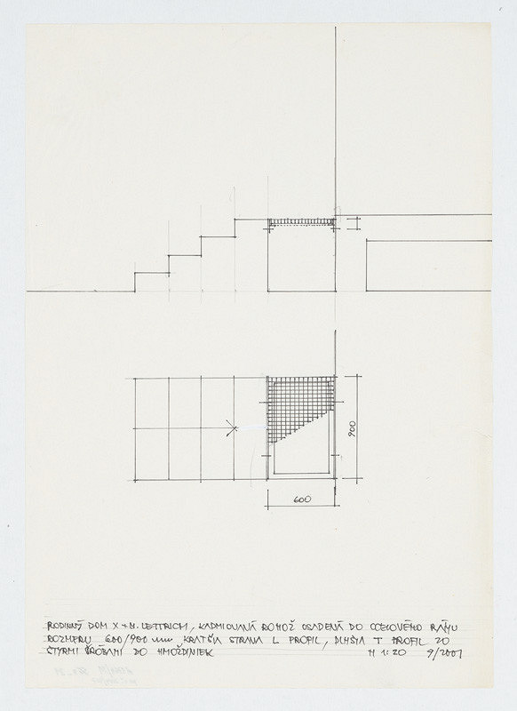 Ivan Matušík – Rodinný dom Xénie a Martina Lettrichovcov na Rybárskej ceste 23 v Senci. Štúdia. Kadmiovaná rohož osadená do oceľového rámu (pohľad, rez). M 1:20. 