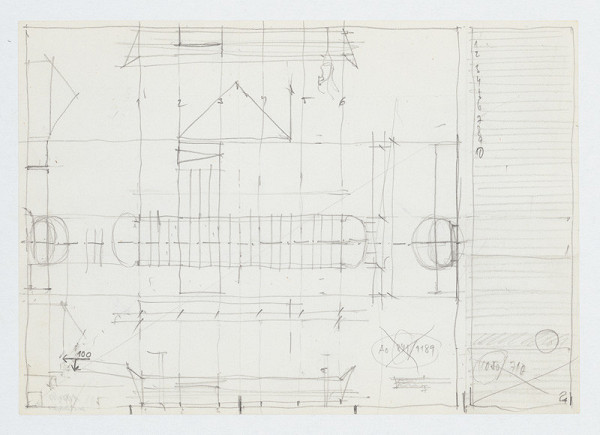 Ivan Matušík – Rodinný dom Xénie a Martina Lettrichovcov na Rybárskej ceste 23 v Senci. Štúdia. Pôdorys s vyznačenou oceľovou konštrukciou. M nezn. 