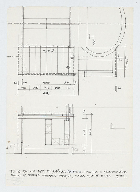 Ivan Matušík – Rodinný dom Xénie a Martina Lettrichovcov na Rybárskej ceste 23 v Senci. Štúdia. Krytina z pozinkovaného plechu na streche vstupného zádveria. M 1:50. 