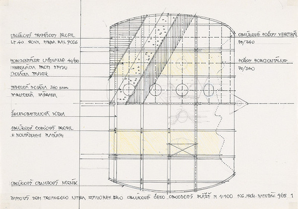 Ivan Matušík – Bytový dom Triangolo v Nitre. Štúdia. Oblúkové čelo – obvodový plášť. M 1:100. 