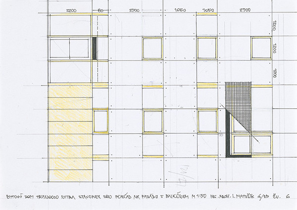 Ivan Matušík – Bytový dom Triangolo v Nitre. Štúdia. Pohľad na fasádu s balkónom. M 1:50. 