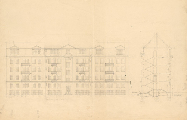 Andrej Szőnyi – Mestský nájomný dom na Grosslingovej ulici 107-109 v Bratislave. Hlavné priečelie a rez. M 1:100. 
