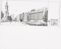 Ján Bahna, Ľubomír Závodný, Rajmund Müller – Dom odievania v Bratislave. Návrh, perspektívny pohľad z Poštovej ulice. 