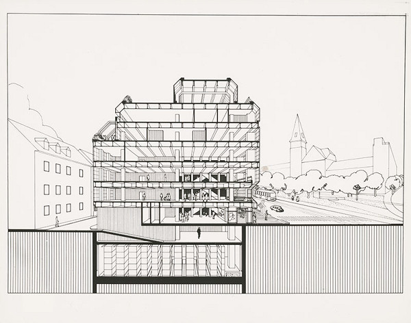 Rajmund Müller, Peter Minarovič, Ján Bahna, Ľubomír Mihálik, Peter Valach – Dom odievania v Bratislave. Návrh, priečny rez budovou 