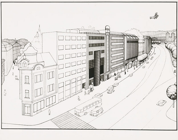 Ján Bahna, František Kalesný, Rajmund Müller – Dostavba Domu odievania v Bratislave. Návrh, perspektívny pohľad z Námestia SNP 