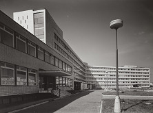 Albert Ščepán, Rajmund Müller – Poliklinika v Bratislave – Ružinov. Exteriér, pohľad na budovu so vstupným schodiskom.  