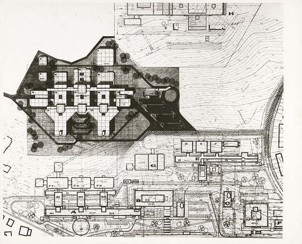 Rajmund Müller – Inštitút klinickej onkológie v Bratislave – Kramároch. Pôdorys so situovaním v okolí. 