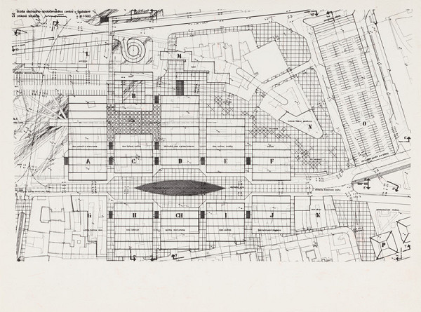 Rajmund Müller – Obchodno-spoločenské centrum na Obchodnej ulici v Bratislave. Celková situácia. M 1:500 (pôv.) 